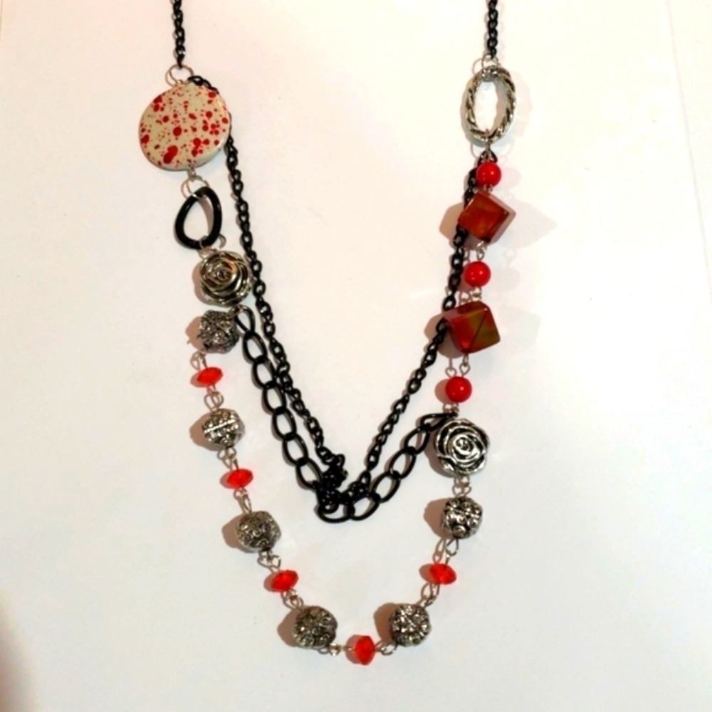 Gunmetal Chain - Layered Various Sizes Colorful Beads Necklace Matching Earrings